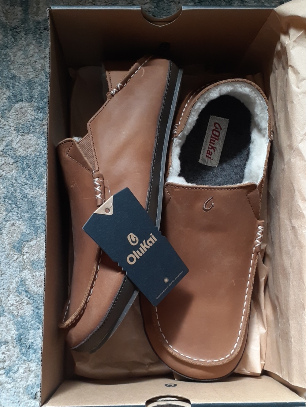 OluKai Men's Chestnut Brown Leather Slip-On Moccasin with Shearling Lining